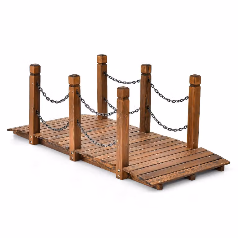 Ponte in legno COSTWAY con ringhiera in plastica, ponte per giardino, ponte per laghetto, ponte ornamentale caricabile fino a 120 kg, 151x67x55cm