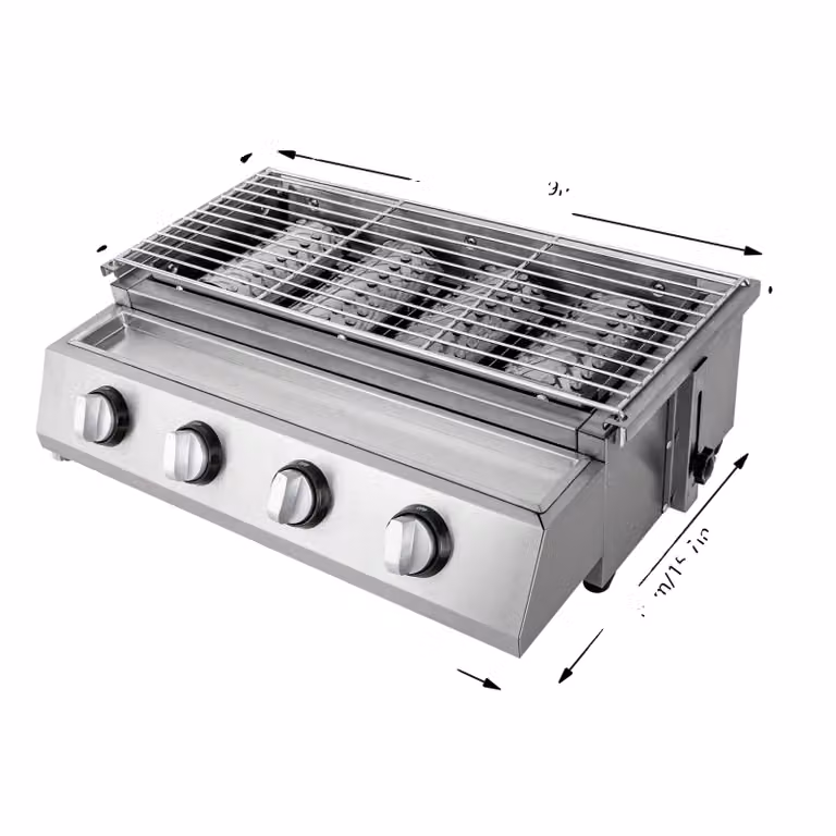 Barbecue a gas senza fumo, 4 bruciatori, regolabile in altezza, argento chiaro