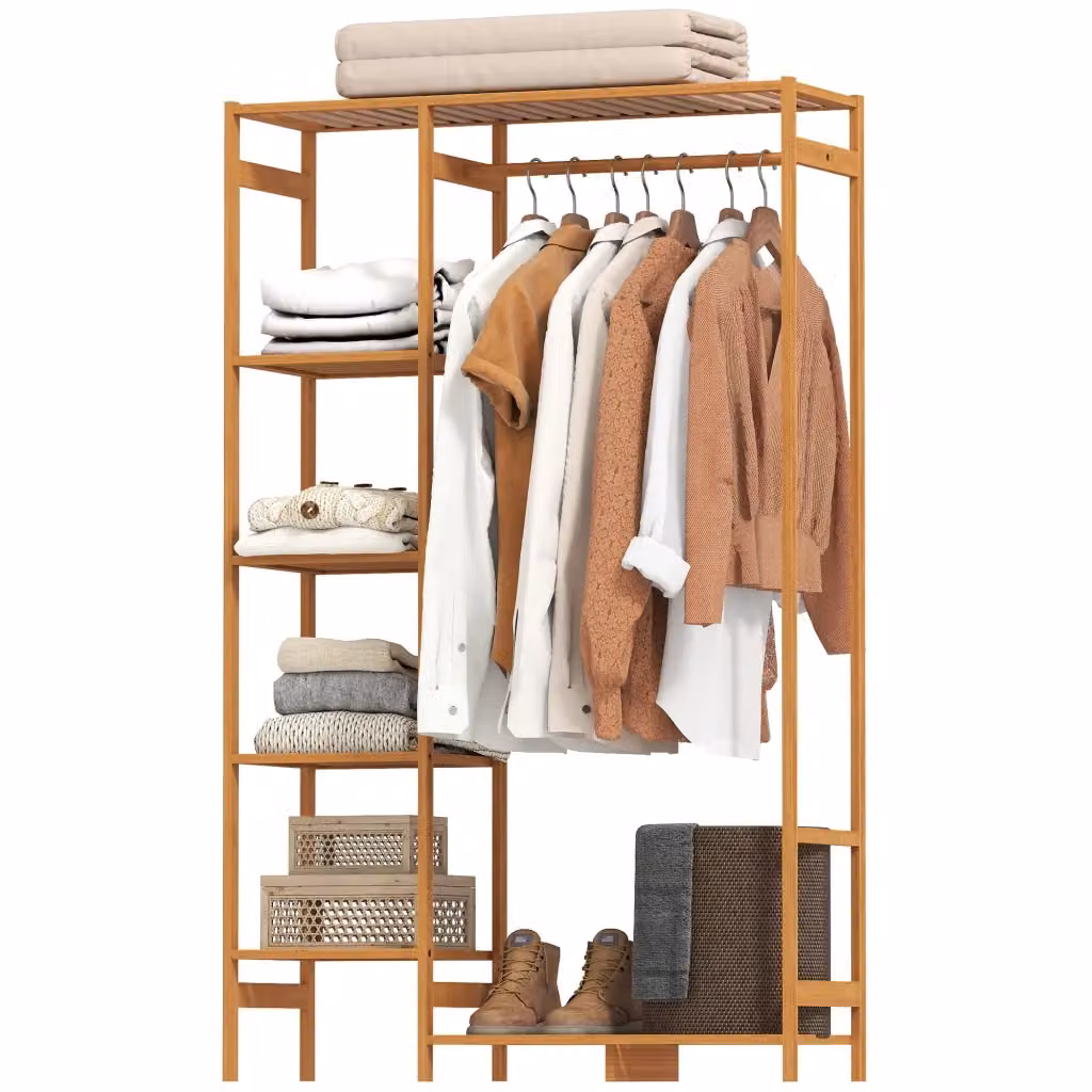 Appendiabiti in bambù con ripiani XYLO a 6 livelli, colore marrone, L 90 cm x P 30 cm x H 145 cm – 2