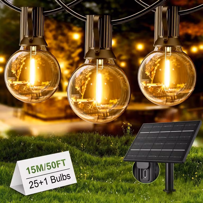 Catena luminosa solare, 15 metri, 26 LED G40, luce bianco caldo, grado di protezione IP65, impermeabile