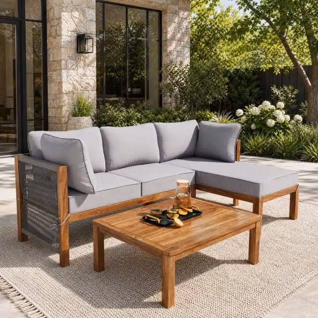 Set da giardino Outsunny in legno di acacia grigio composto da due divani a due posti e un tavolino con cuscini imbottiti e fodere rimovibili – 1