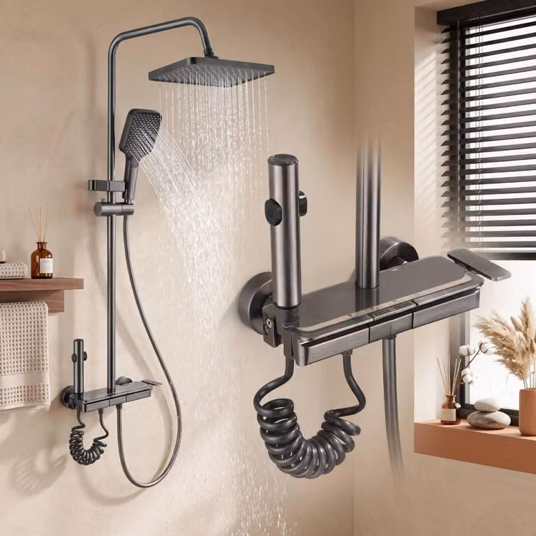Sistema doccia con soffione a pioggia, 4 funzioni, design a tasti come un pianoforte, regolabile in altezza, colore grigio scuro