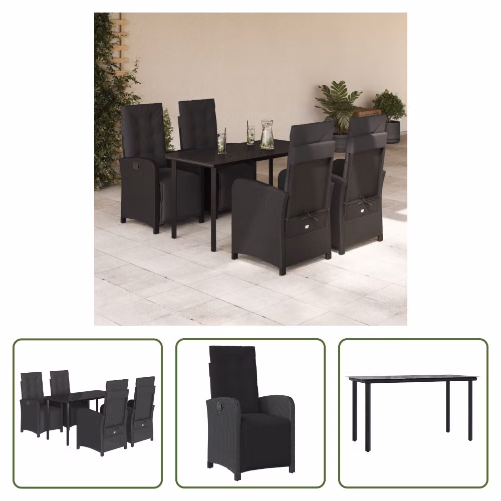 The Living Store Set da pranzo da giardino 5 pezzi con cuscini in poly rattan nero