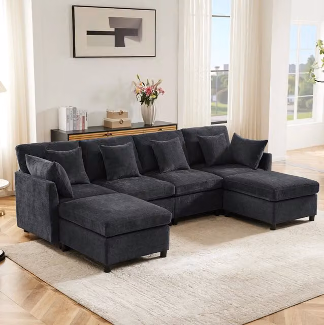 Divano modulare 278x161x81 cm trasformabile in U e L in ciniglia grigio