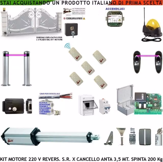 Cancello 3,5 Metri Kit Motore Elettromeccanico 230 V Reversibile Spinta 250Kg Centrale 2 Coppie Fotocellule 2 Pali 5 Radiocomandi Faro Elettroserratura Selettore 2 Ck Cavo Scatola Fuse Accendiluci