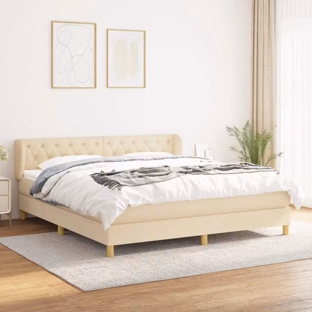 Letto Ibrido vidaXL con Giroletto a Molle e Materasso in Tessuto Beige e Bianco L/P/H: 160 x 200 x 88 cm