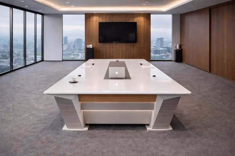 Elegante tavolo da riunione bianco, tavolo da ufficio di design, mobili robusti
