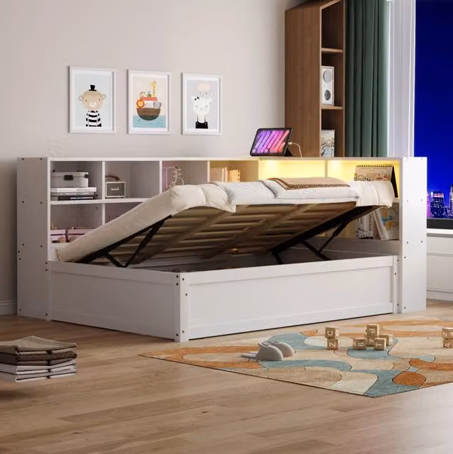 Letto singolo multifunzione MODFU bianco con contenitore a contenitore contenitore a sollevamento, illuminazione LED e porta USB, L/P: 90 x 200 cm