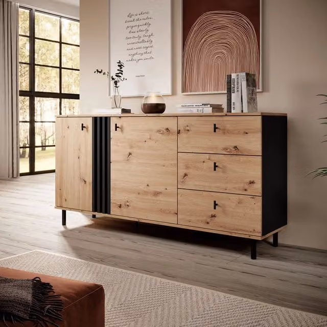 Madia Haradali DMORA con 3 cassetti, colore Marrone Rovere Nodi, L: 165 cm, P: 40 cm, H: 82 cm – 1