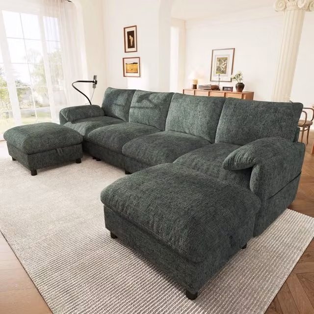 Divano angolare modulare 6 posti con due pouf contenitore e ricarica USB Type-C e portatelefono in chenille verde
