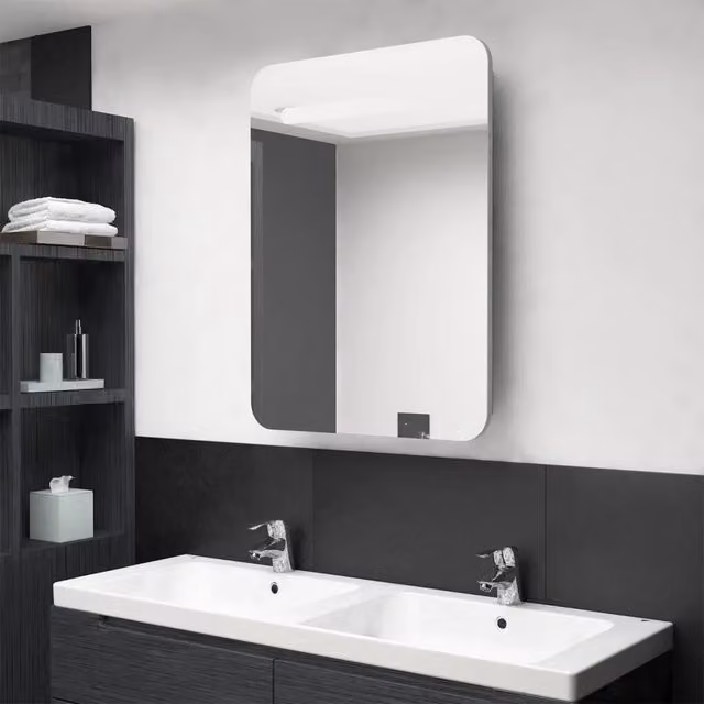 Armadietto Bagno con Specchio e LED-Mobile bagno con specchio Grigio Cemento 60x11x80 cm