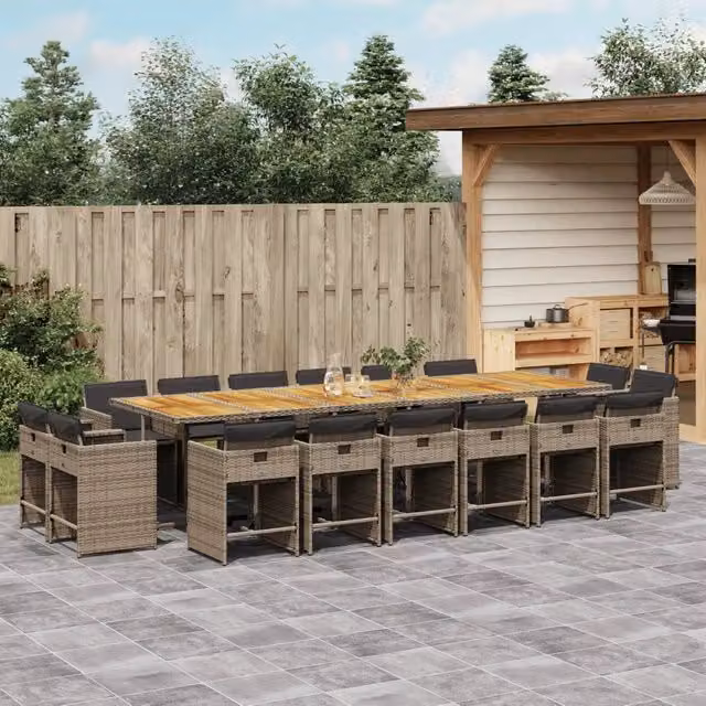 Set da pranzo da giardino vidaXL in polyrattan e legno di acacia con 17 pezzi e cuscini, colore grigio e marrone