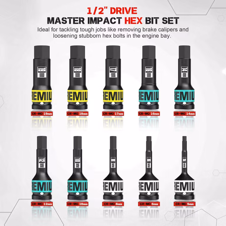 Set di chiavi a bussola esagonali da 1/2 pollice, 10 pezzi, dimensioni da 5 mm a 19 mm, per riparazioni automobilistiche
