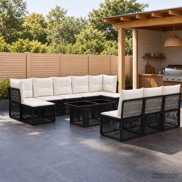 Set Divano da Giardino vidaXL 11 pz Nero con Poltrona, Tavolino e Ottoman in Polyrattan e Acciaio con Cuscini Inclusi