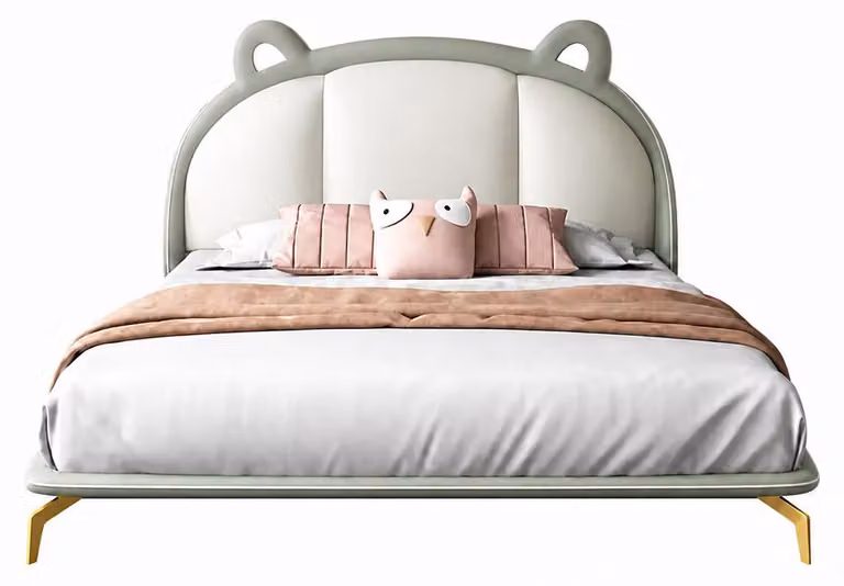 Letto per bambini grigio-bianco, dal design elegante, in pelle, spazioso, parte della collezione di mobili per bambini