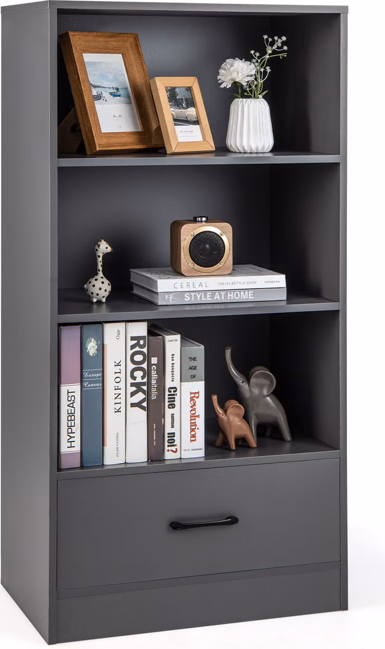 Libreria COSTWAY 120 cm con cassetti, scaffale in legno a 4 livelli, ripiano in piedi (grigio)