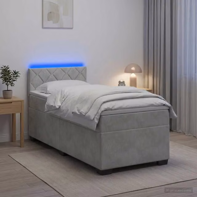 Letto con Box Spring, Materasso a Molle Insacchettate e Illuminazione LED vidaXL, Grigio Chiaro, L/P/H: 80 x 200 x 34 cm