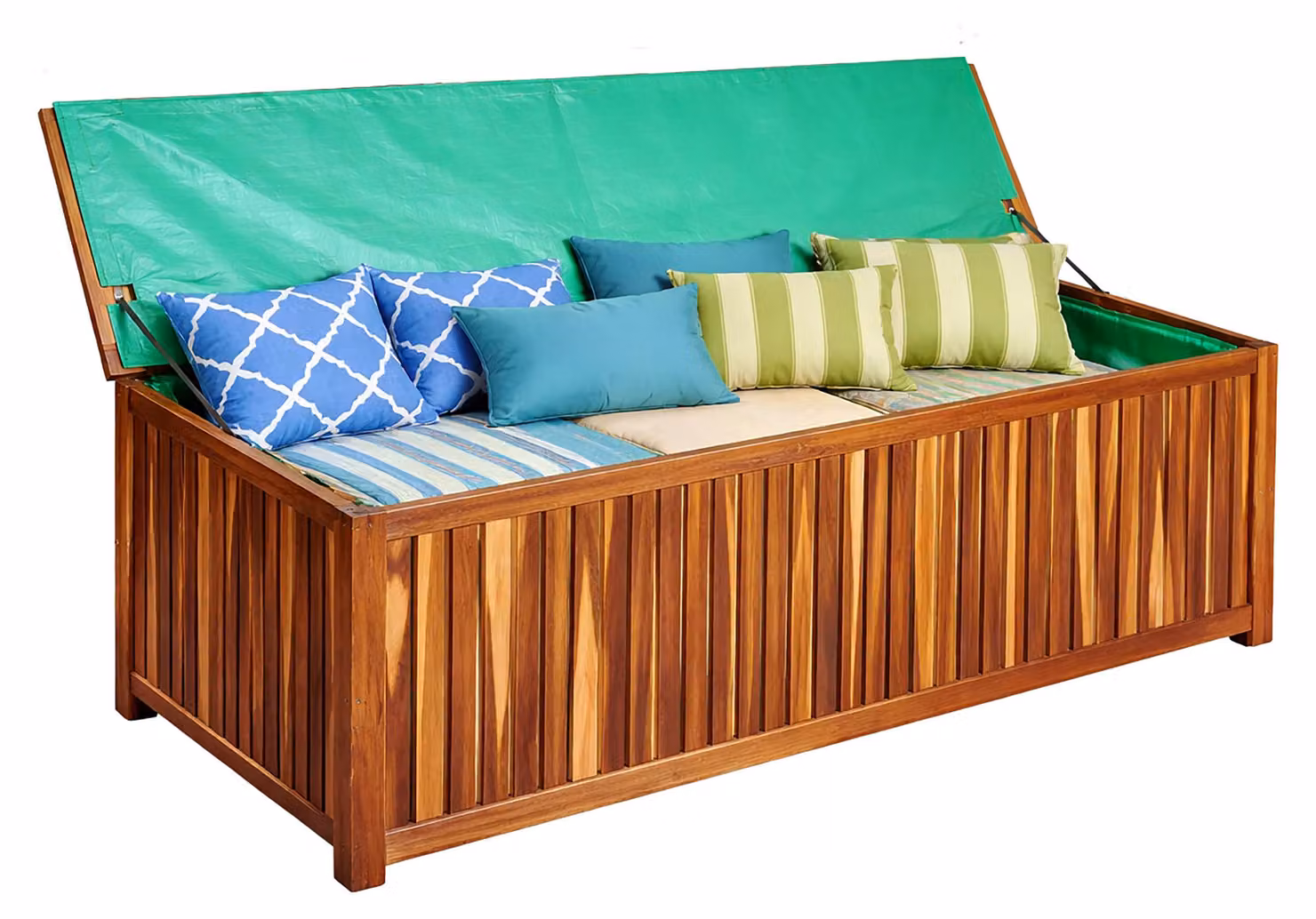 Relaxdays, scatola da giardino, cuscino per seduta, attrezzi, 60x115x50 cm, legno di acacia, rivestimento impermeabile, ideale per balcone, cassetta da giardino, stile naturale