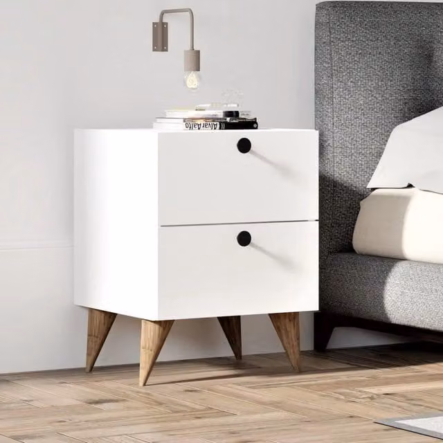 Comodino DMORA con 2 cassetti moderno in MDF bianco opaco L: 40 cm, P: 42 cm, H: 55 cm