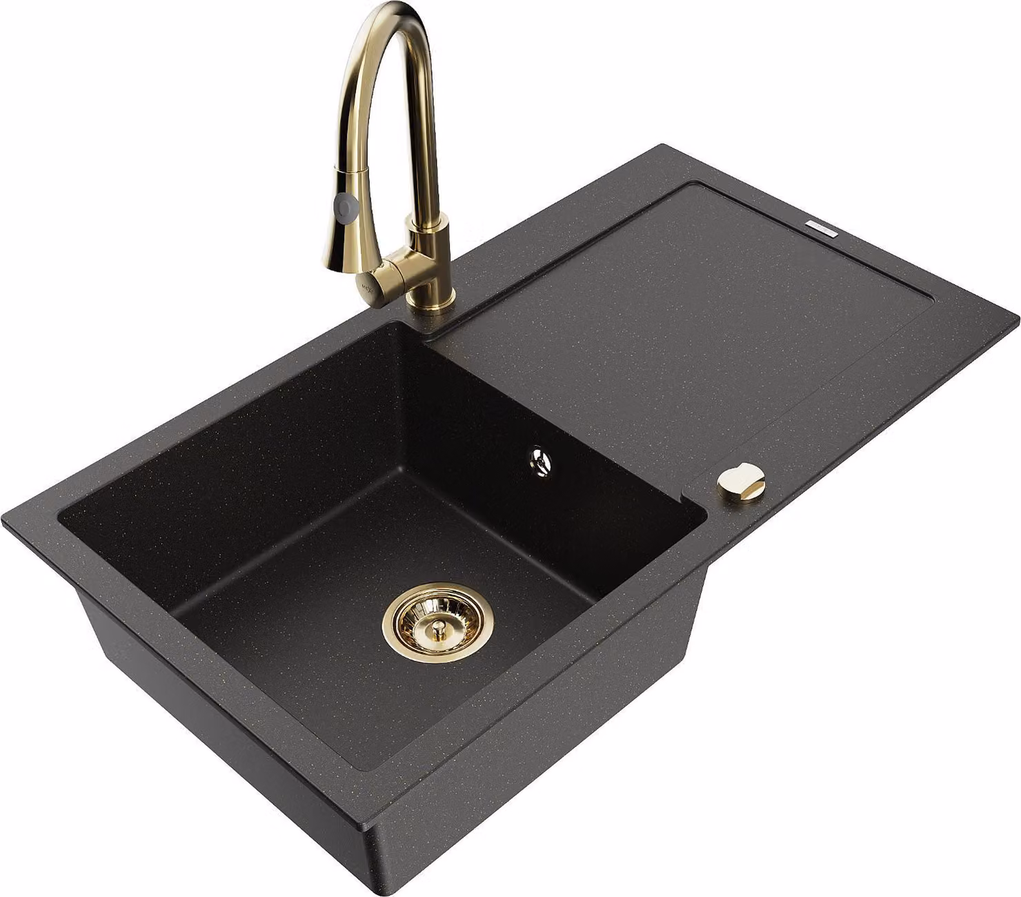 Mexen Leo lavello da cucina in granito a 1 vasca con sgocciolatoio e rubinetto Elia, nero/oro metallizzato - 6501-75-670101-50