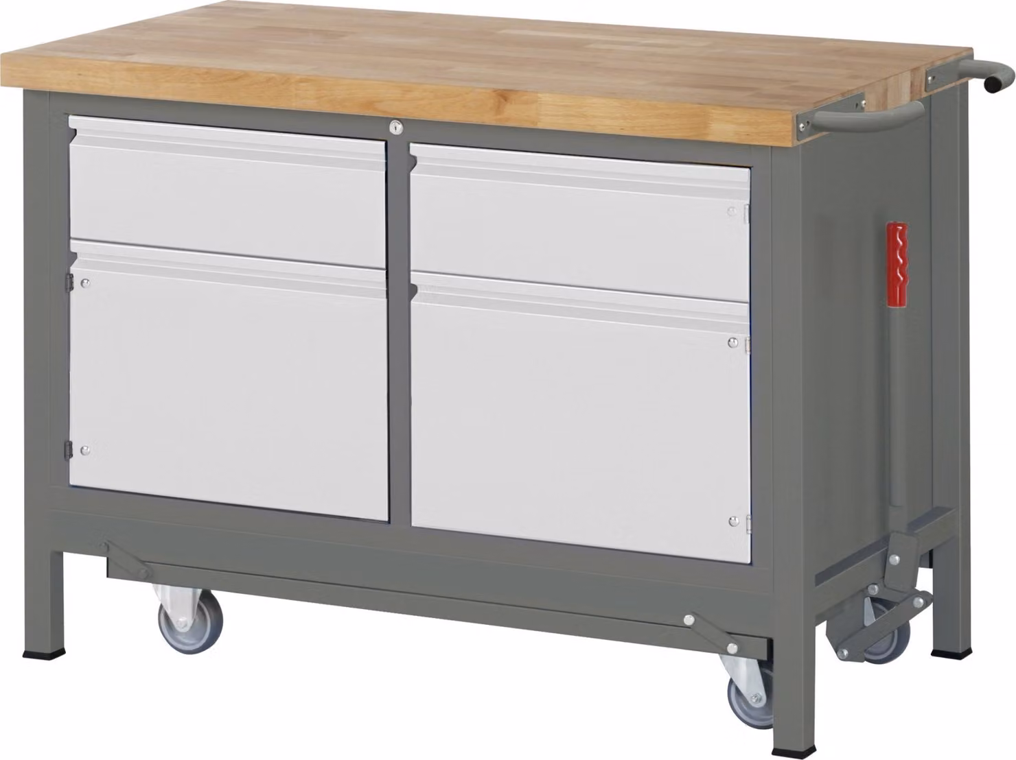 Banco da lavoro STIER Premium, con telaio mobile, 2 cassetti e 2 ante, 125x70x88 cm, acciaio e faggio