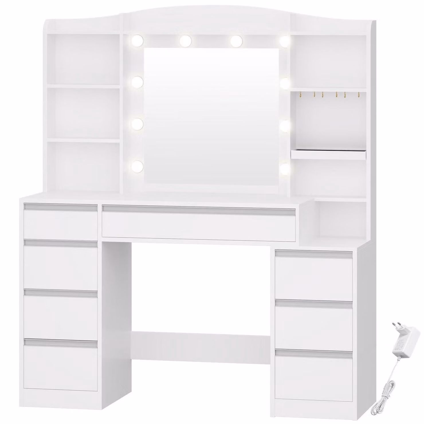 Comò da trucco con 8 cassetti, specchio con illuminazione RGB, ripiano porta gioielli, piano di lavoro da 100 cm, comodino, colore bianco