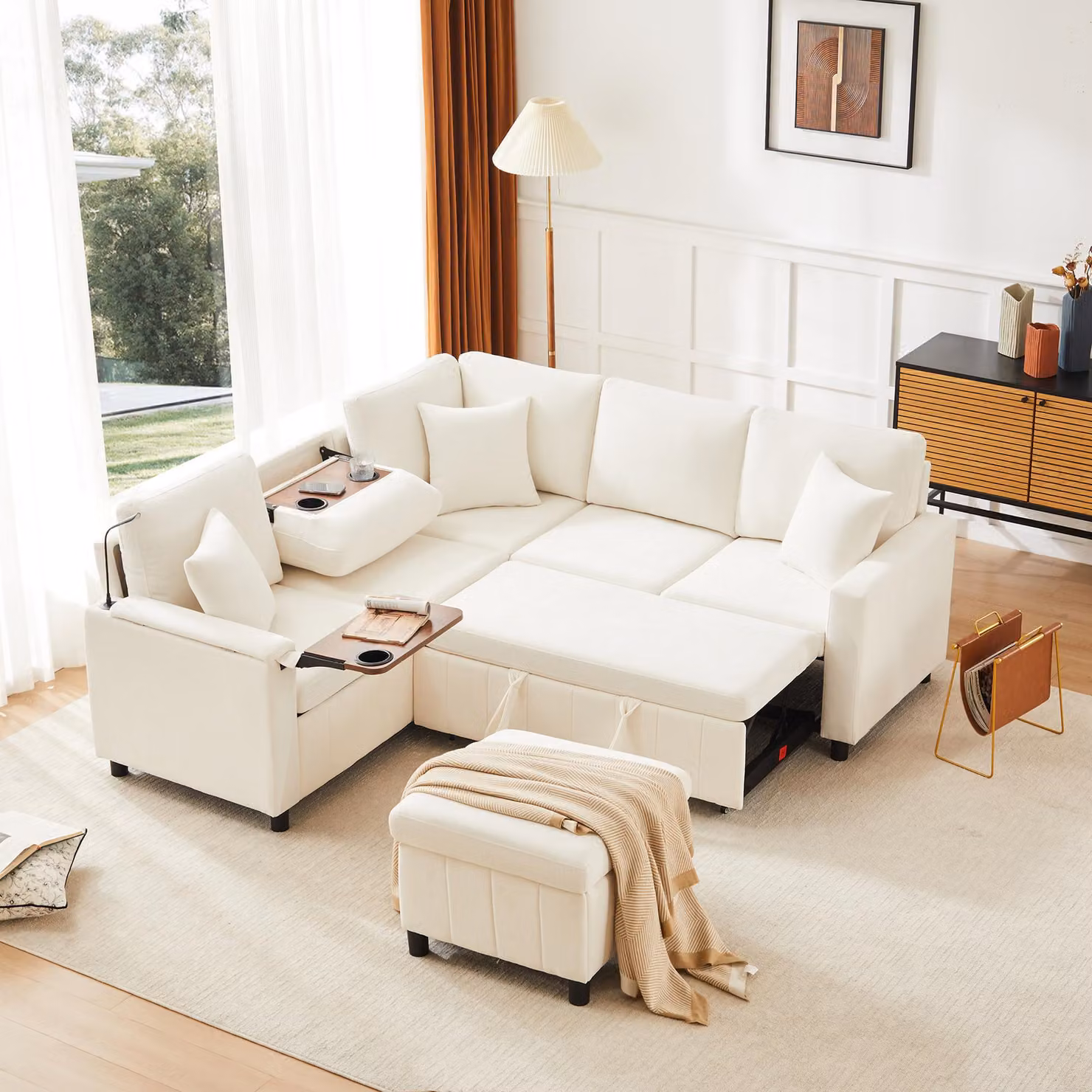 Divano angolare MODFU in velluto, con funzione letto. Set divano, divano per il soggiorno con poggiapiedi e lampada da lettura. Divano a forma di L con porte USB e Type-C e tavolino nascosto. Colore: beige