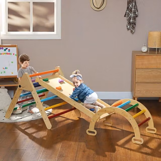 Triangolo arrampicata 5 in 1 WISHDOR in legno per bambini con rampa e ponte, pieghevole, multicolore, L/P/H: 178 x 64,5 x 63 cm