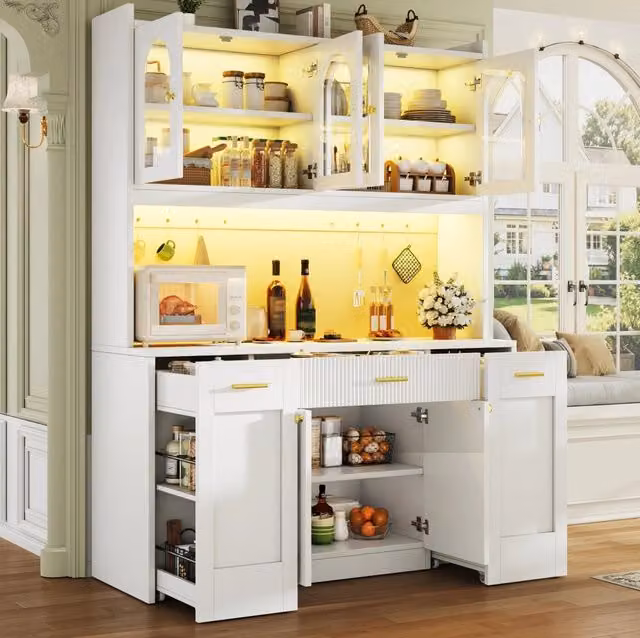 Mobile alto da cucina 120x40x187 cm con LED RGB; vetrine in vetro e ripiani estraibili; bianco