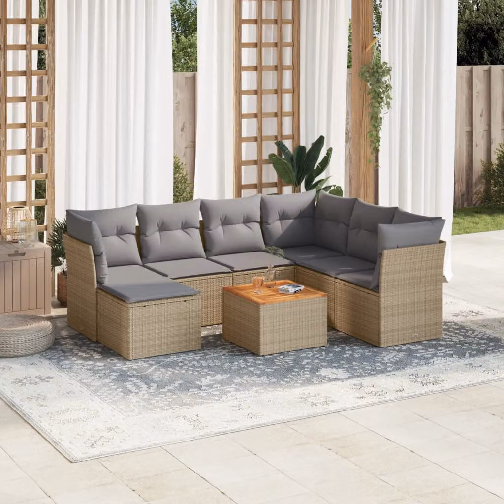 vidaXL Set Divano da Giardino 8 pz a L in Polyrattan con Cuscini Beige e Tavolino da Esterno – 1
