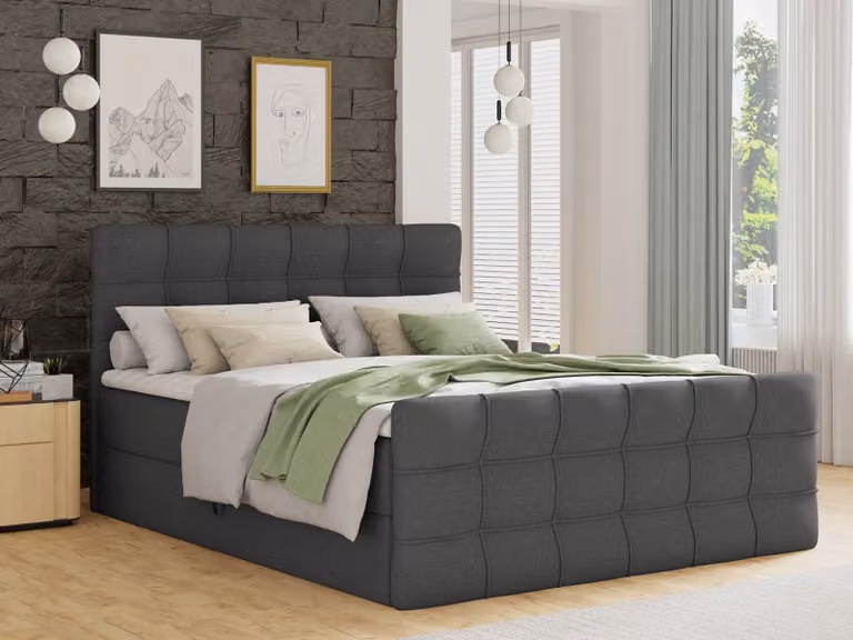 Letto boxspring Best Lux con pediera, 2 cassetti, materasso Bonell e topper (grigio scuro (Inari 94), 160 x 200 cm)