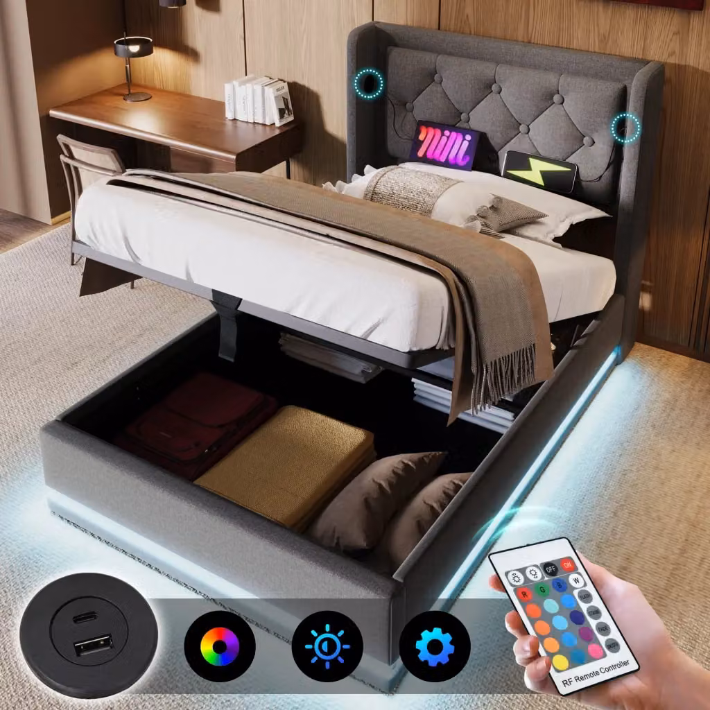 Letto contenitore singolo OKWISH in tessuto grigio con illuminazione LED e porte USB/USB-C, L/P: 90 x 200 cm – 2