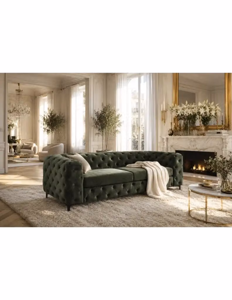 Divano dritto VELENA 3 posti in velluto capitonné MEUBLORAMA Verde, L: 235 cm, P: 74 cm, H: 95 cm – 2