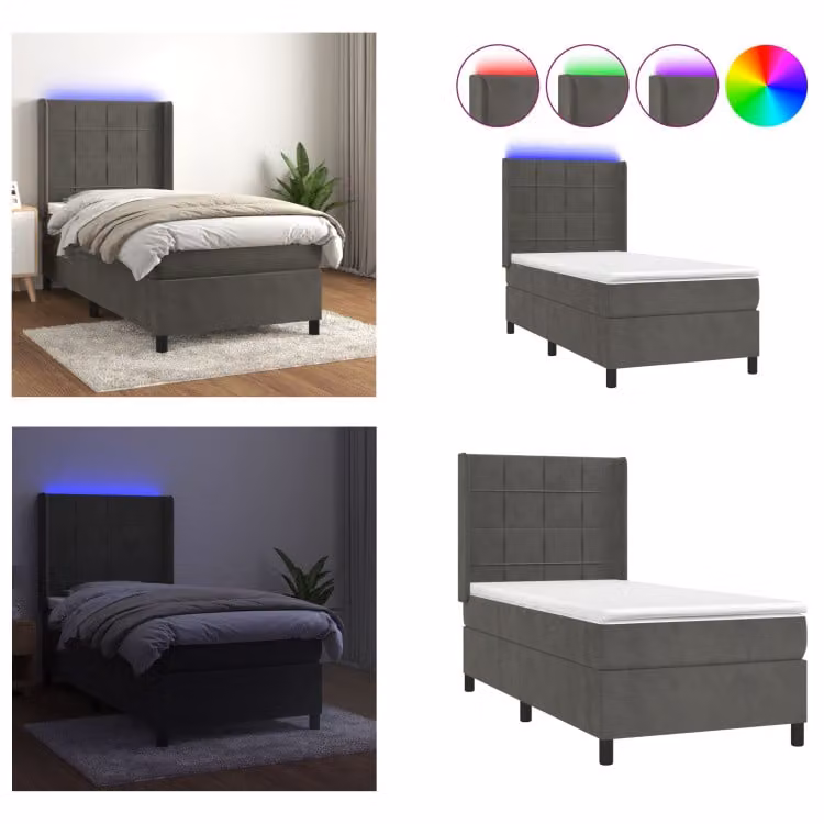 vidaXL Letto a molle con materasso e LED in velluto grigio scuro 80x200 cm - Letto a molle - Boxspringbetten - Bett - Schlafzimmermöbel