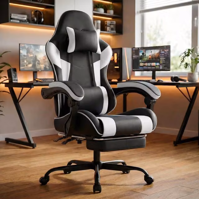 Sedia Gaming Ergonomica MINIMAL con Schienale Reclinabile, Braccioli e Poggiatesta in Similpelle Nero e Bianco