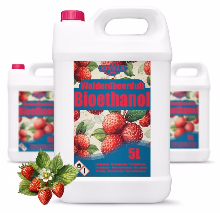 Bioetanolo al 96,6%, contenitore da 15 litri, profumato alla fragola di bosco, per camini a bioetanolo