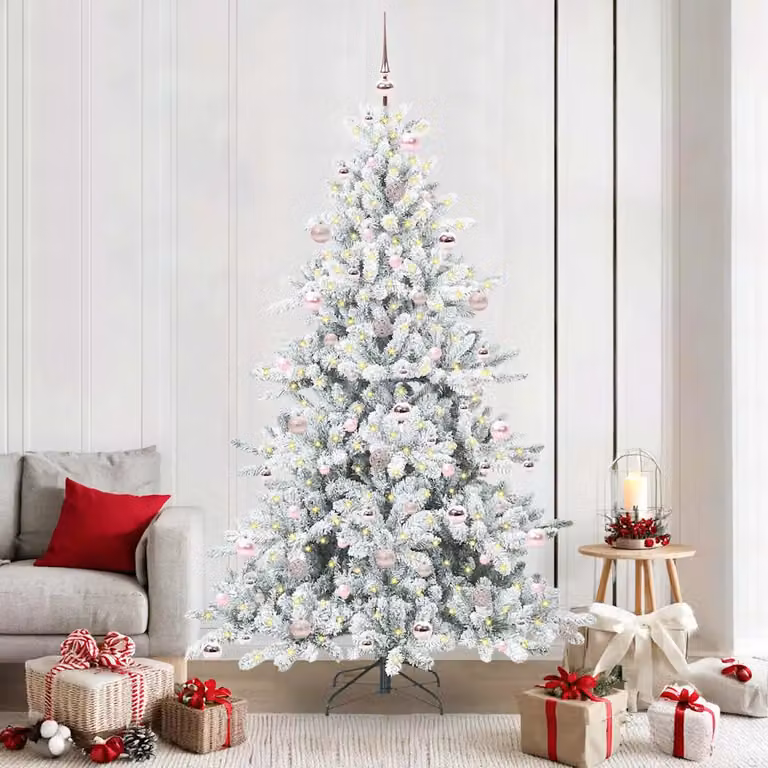 Albero di Natale Artificiale Moderno vidaXL Bianco con Luci LED Warm White e Rami Pieghevoli in PVC e Metallo