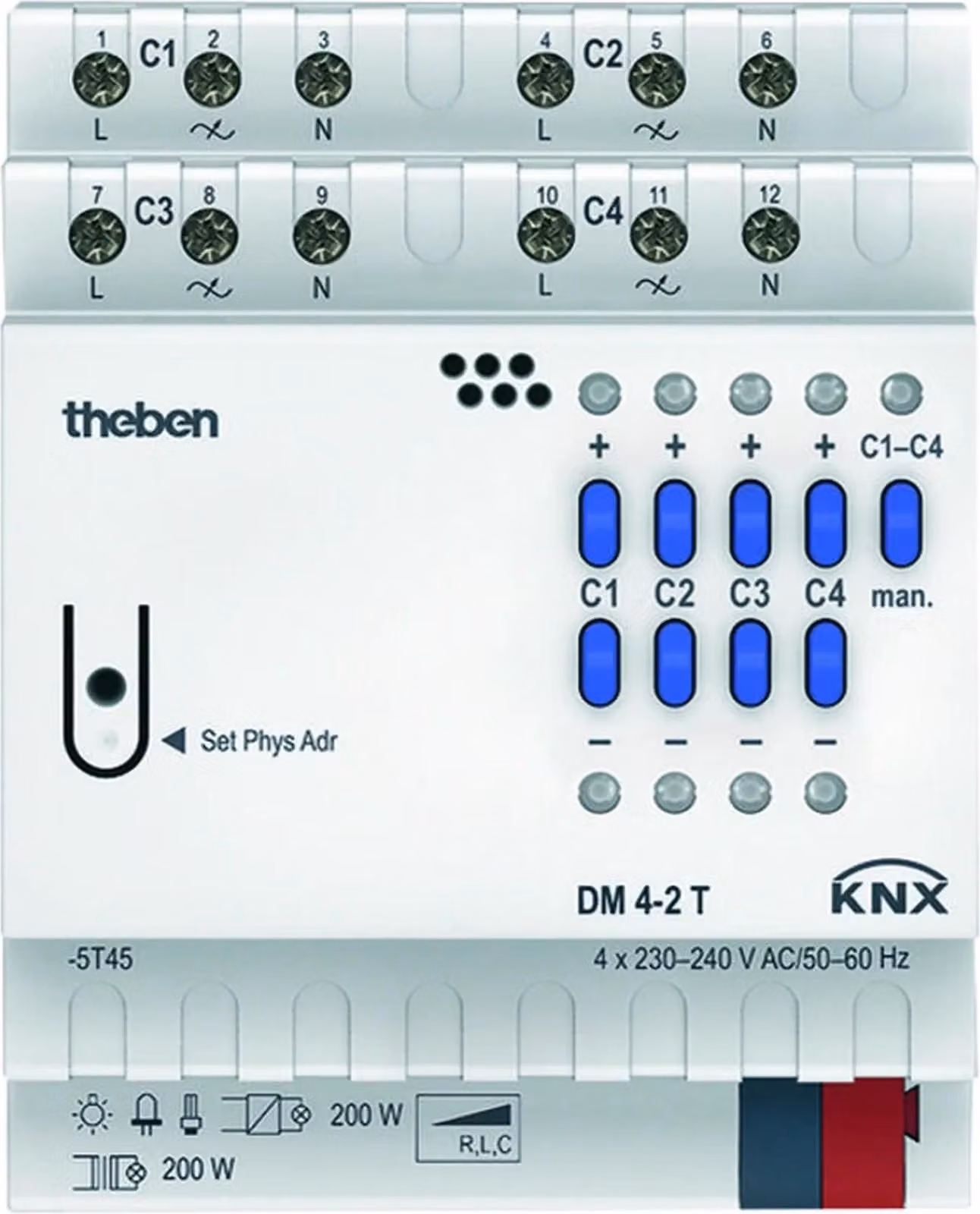 Theben KNX Attuatore dimmer, 4 vie, 200 W, DM4-2 T REG, 1 pz.