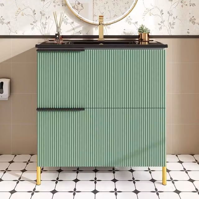 Armadio bagno con lavabo in ceramica - Xylo - Verde con cassetti