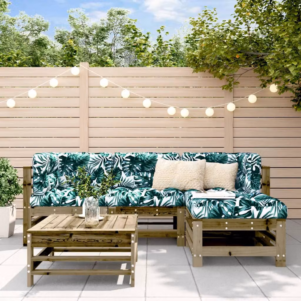 Set da giardino vidaXL a forma di L composto da 5 pezzi in legno di pino trattato con cuscini inclusi, colori marrone e verde