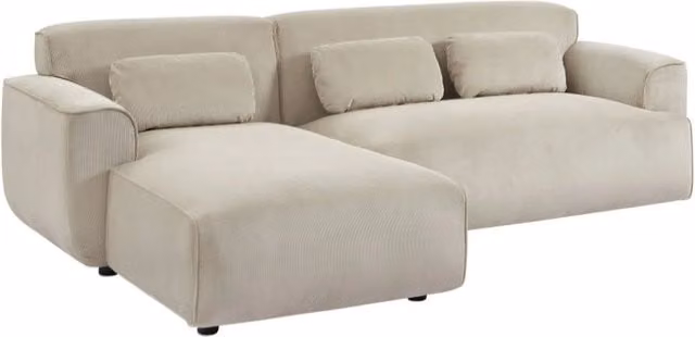 Divano angolare sinistro Sweeek in velluto a coste beige con cuscini coordinati e coperture rimovibili, L 196 x P 73 x H 76 cm