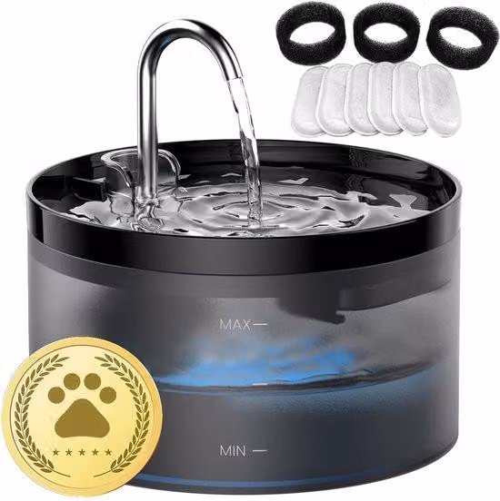 Abbeveratoio per gatti - 64 oz - Luce LED fissa - Serbatoio trasparente - 9 filtri - Nero