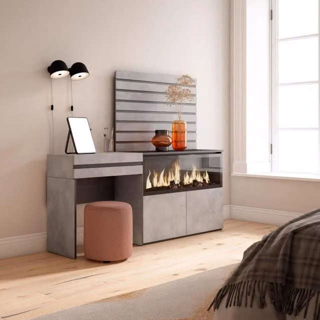 Tavolo da toeletta, 177x35x145cm, Con cassetto, Camino elettrico XXL, Pannelli Decorativi, grigio cemento RF3465