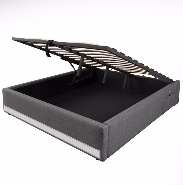 Letto imbottito 140x200 cm con LED multicolore, porte USB e Type-C, tasche laterali e funzione di stoccaggio idraulico, senza testiera, colore grigio