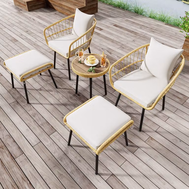 Merax 5 pezzi, mobili da giardino composti da 1 tavolo da pranzo, 2 sedie, 2 sgabelli, set di mobili da giardino in rattan e ferro
