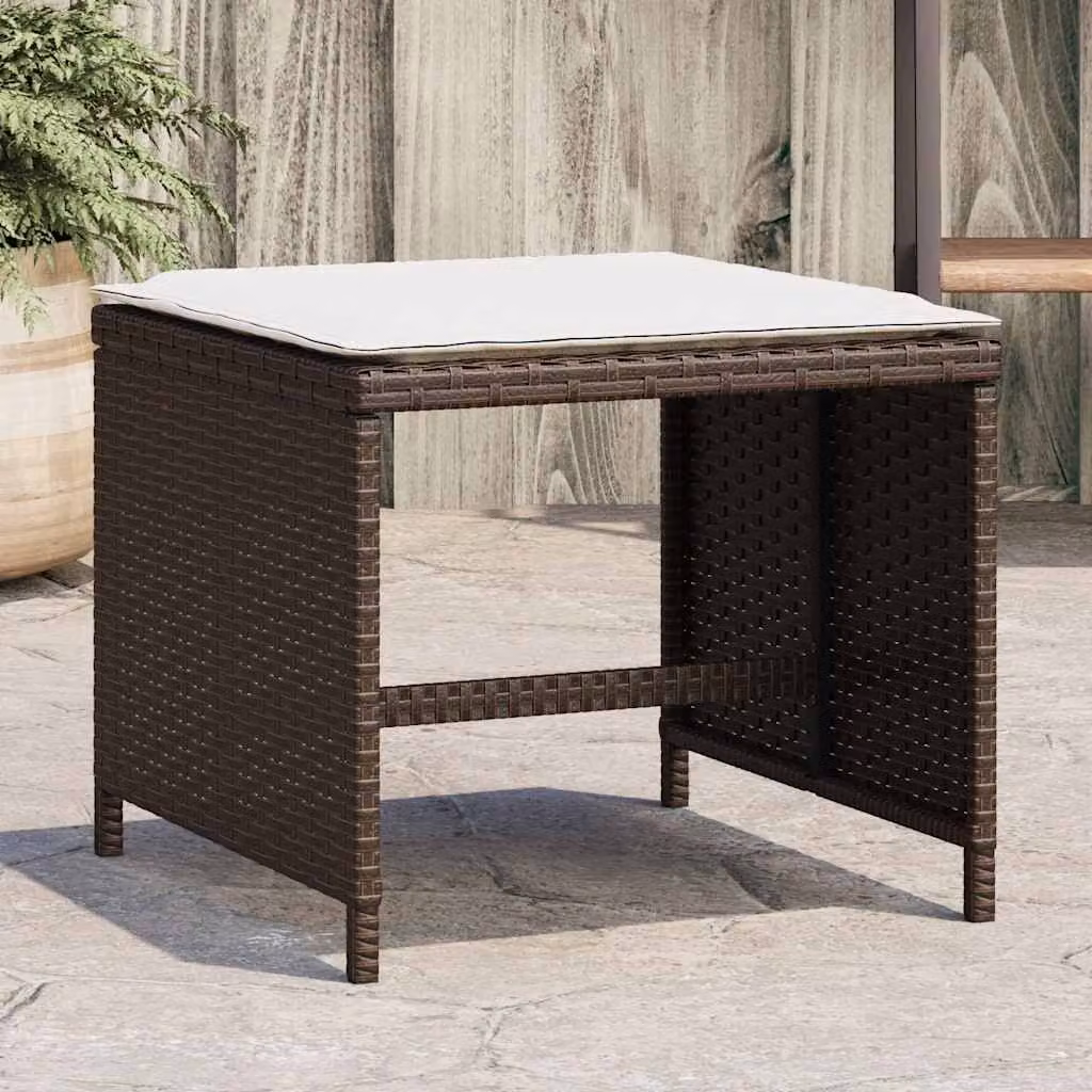 Set di 4 sgabelli da giardino vidaXL in polyrattan marrone con cuscini bianchi L/P/H: 41 x 41 x 36 cm