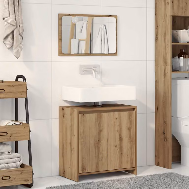 Set Mobili da Bagno Moderno vidaXL in Legno Rovere Marrone composto da Base Lavabo e Armadietto con Specchio L/P/H: 60 x 33 x 60 cm