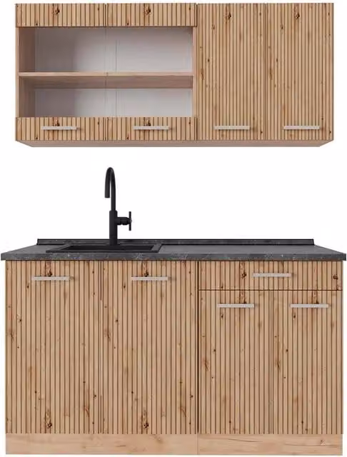 Cucina monoblocco R-Line Rovere artigianale/Rovere dorato 140 cm, PL Antracite Vicco
