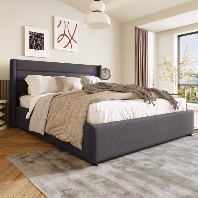 Letto matrimoniale contenitore idraulico 180x200 cm in lino grigio