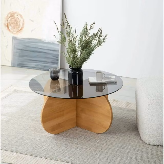 Tavolino da salotto rotondo DMORA in legno rovere marrone e vetro trasparente L: 75 cm, P: 75 cm, H: 35 cm